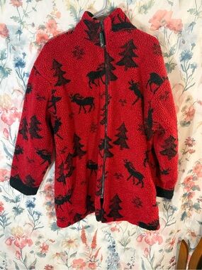 Vintage Avalanche Red Teddy Jacket with Black Moose & Tree Pattern